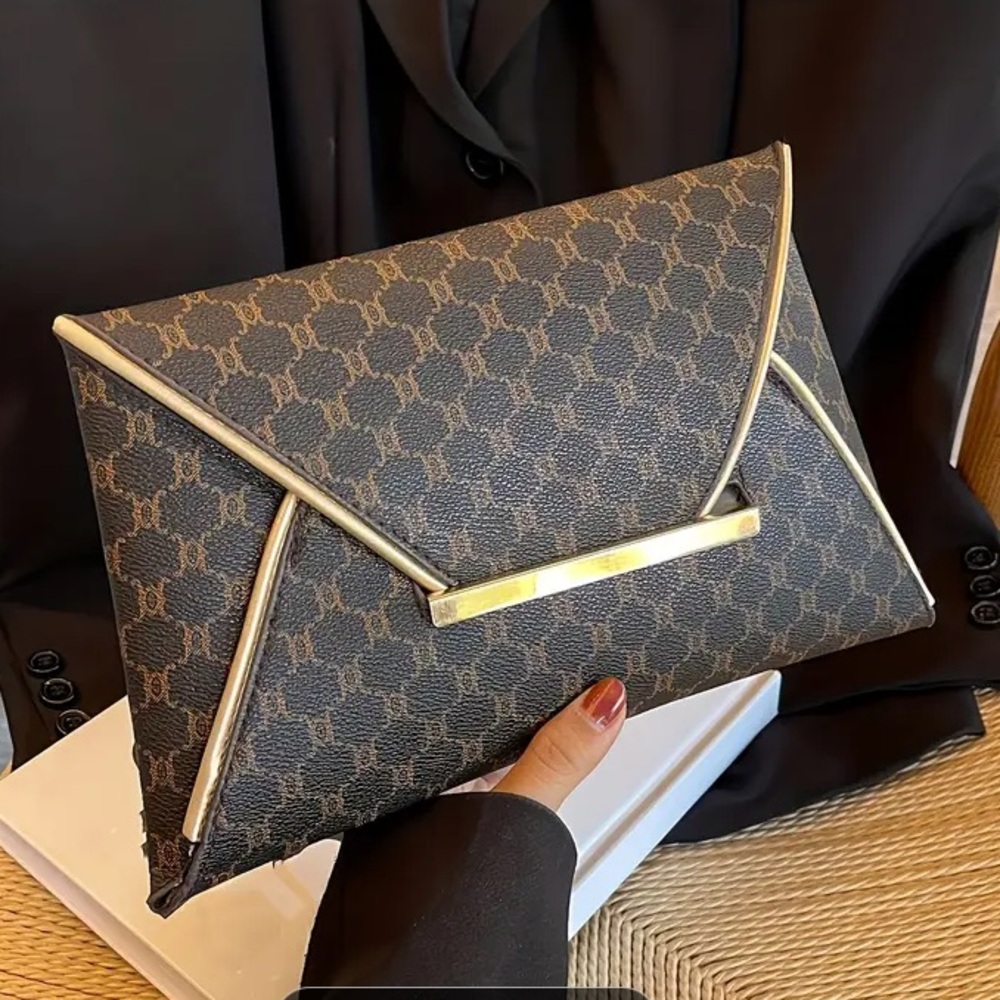 Elegant Brown Grid Clutch with Gold Accents